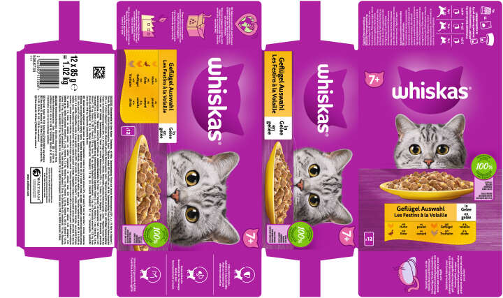 whiskas Katzen-Nassfutter Portionsbeutel Multipack 7+ Geflügel Auswahl in Gelee 12 x 85g
